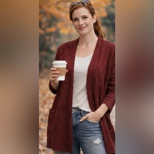 Alexandra + Oak Burgundy Open Front Long Cardigan XXL Cozy Knit Pockets